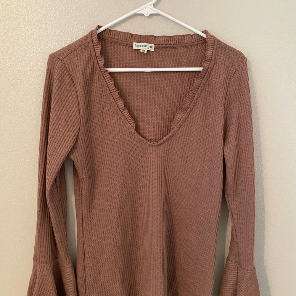 Earthbound Taupe Ruffle V-Neck Blouse